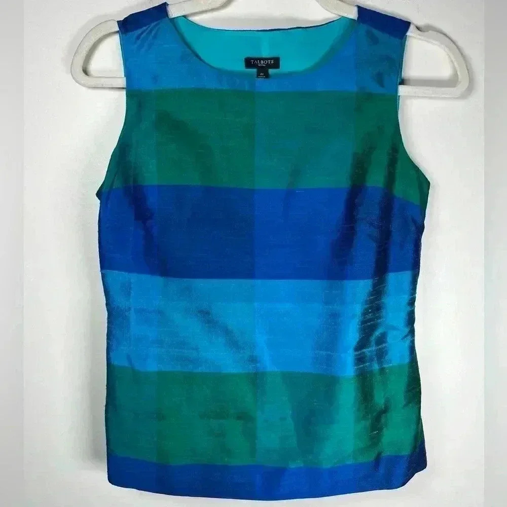Talbots Sleeveless Blouse 100% Silk Jewel Toned Striped Women’s Size 2P (Petite)